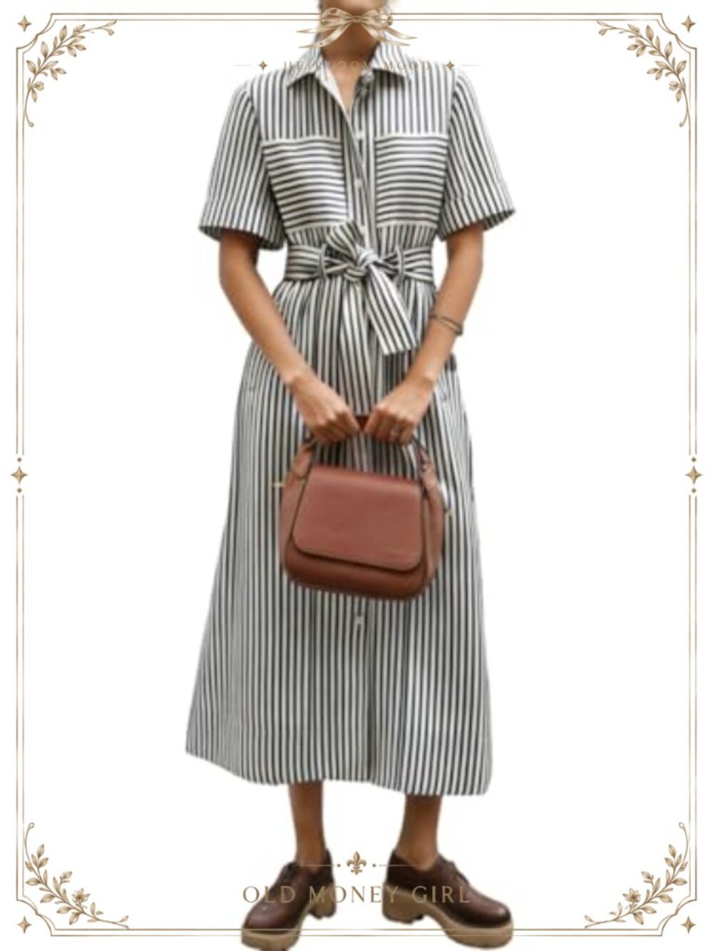 Women's Cotton Striped Shirt Dress Short Sleeve Belted Midi Casual